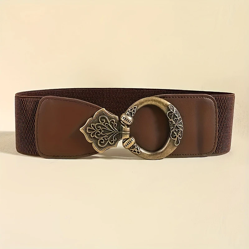 Women's Vintage Carved Buckle Elastic Wide Waist Belt, Retro Distressed Metal Buckle Elastic Belt, Decorative Waist-Cinching Wide Belt for Dresses