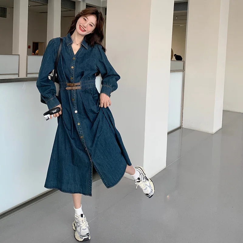 فستان نسائي فرنسي ريترو أزرق من قماش الدنيم بصدر واحد صغير على شكل حرف v على شكل حرف a فساتين تنحيف الخصر على الموضة لربيع الخريف