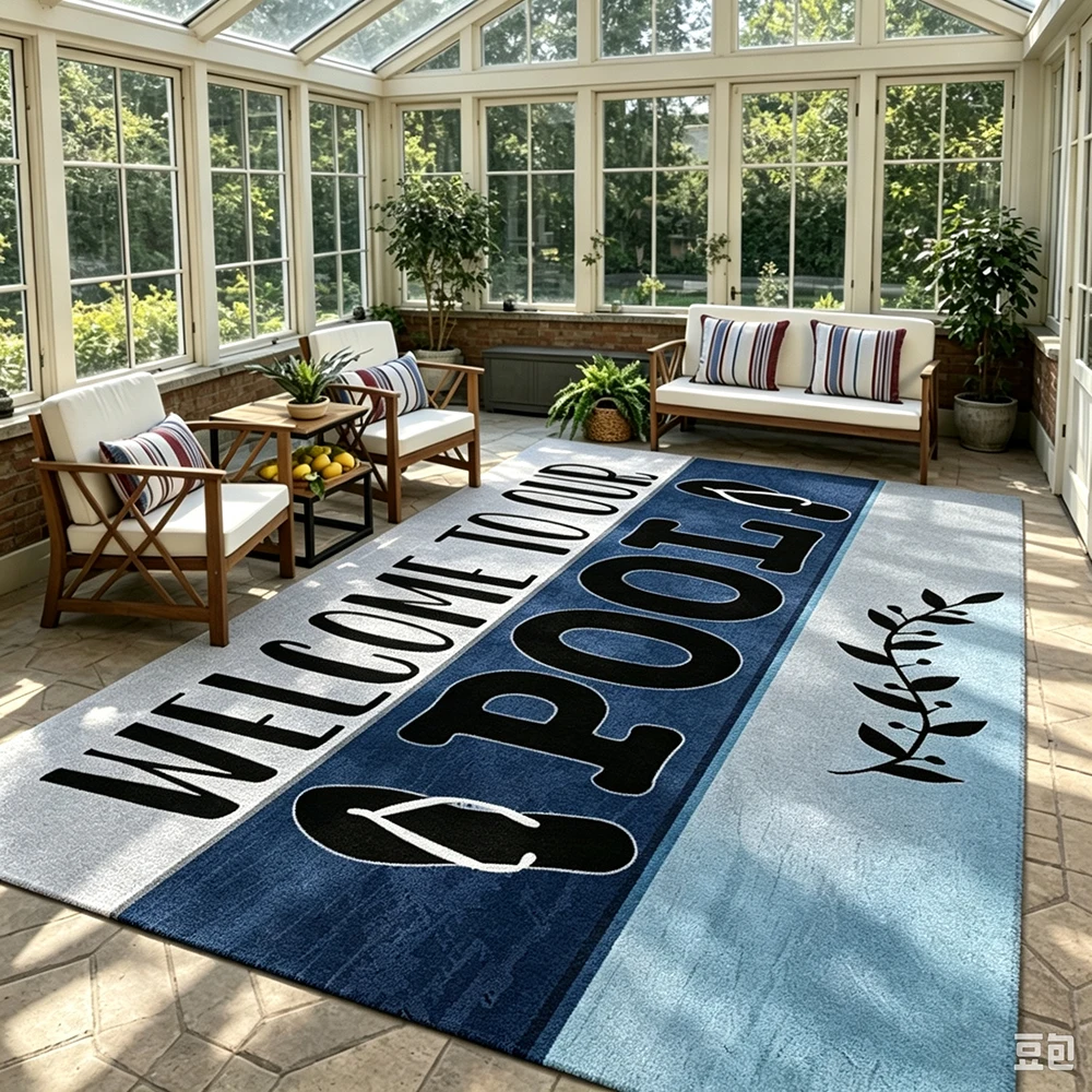 Rug Welcome To Our Pool Themed Letter Print Decorative Floor Carpet for Patio Sunroom Backyard Outdoor Indoor Home Decoration