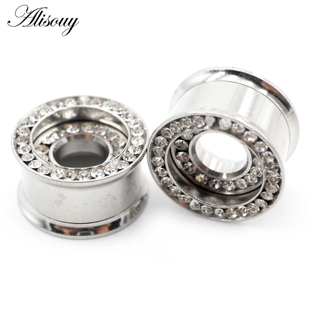 Alisouy 2PCS Purple Black Clear Zircon Stainless Steel Ear Tunnels Plugs Expander Stretcher Gauge Earrings Piercing Body Jewelry