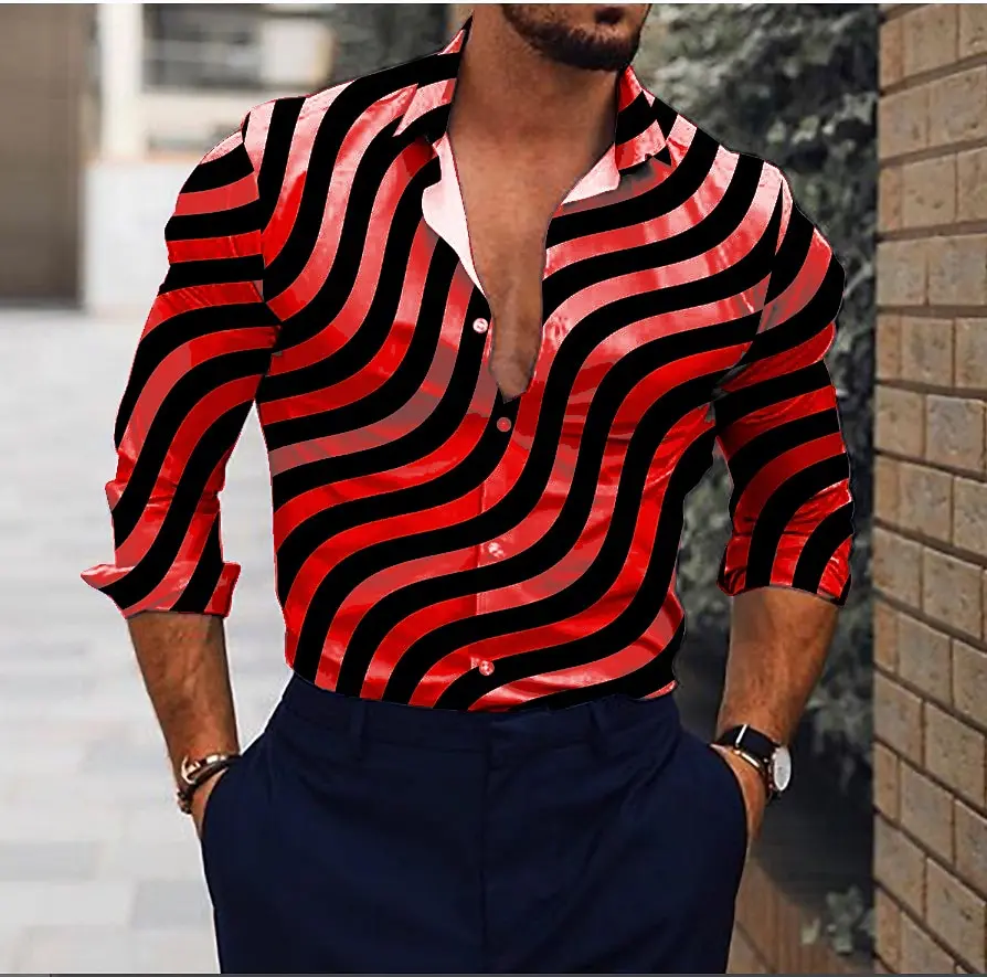 Men\'s Shirt Graphic T-Shirt Striped Lapel Black and White Daily Casual Long Sleeve Clothing Party Design Casual Shirt