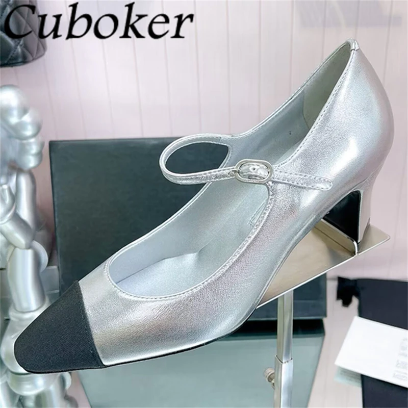 

2024 Summer Fashion Mid Heels Mary Janes Shoes Women Pointed Toe Leather Pumps Designer Shoes Elegant Party Dress Shoes Female