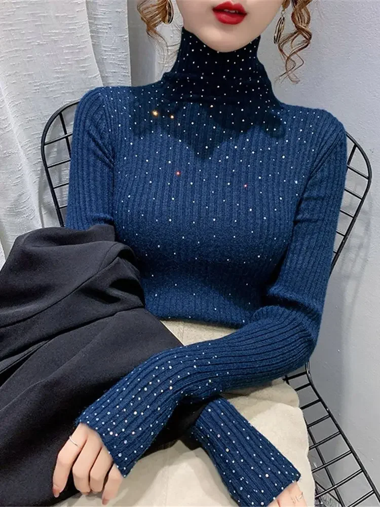 

Winter Turtleneck Sweaters Women Sparkling Diamond Tops Slim Fit Pullover Women Knitted Sweater Jumpers Thick Warm Pull V770