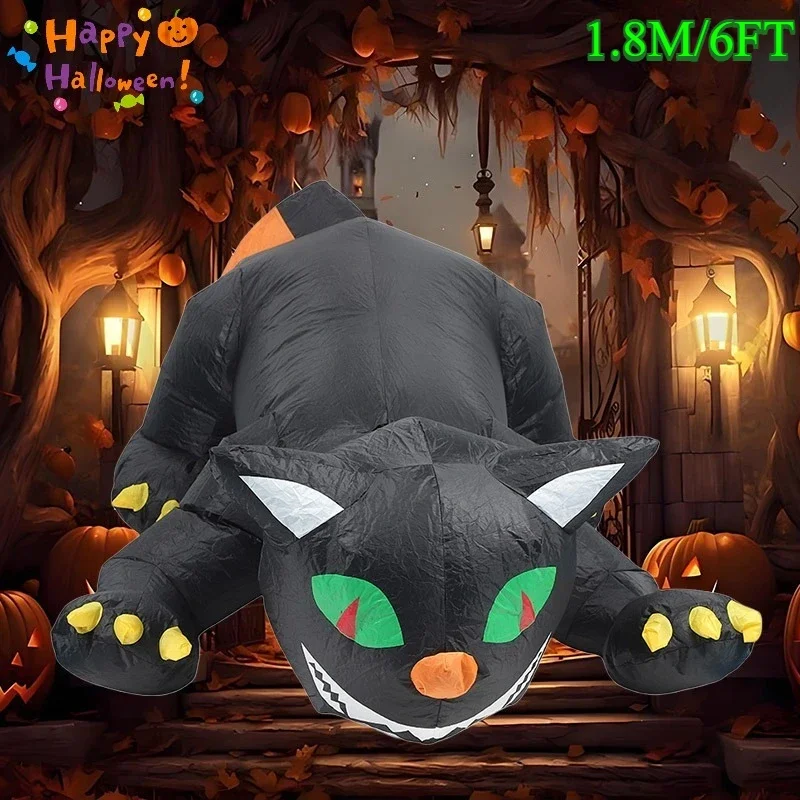 Jouets gonflables d'halloween de 6 pieds, modèle de chat secouant la tête, yeux verts intégrés, lumière rouge LED, décoration de jardin gonflable pour fête en plein air