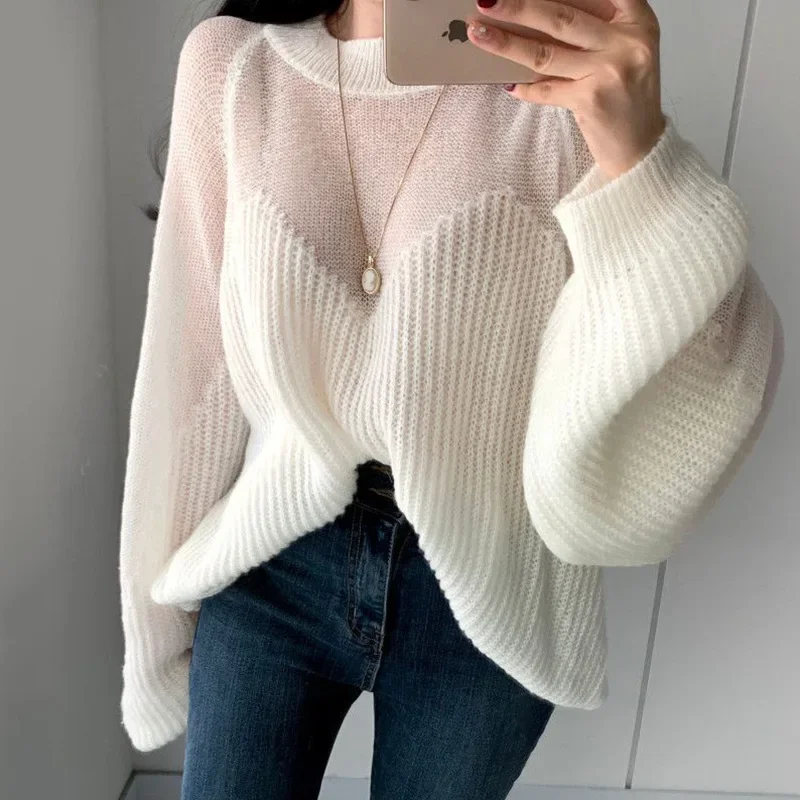 Autumn and Winter New Elegant Loose Thin Lantern Sleeve Sweater Fairy Soft Pullover Female Kawaii Sweater Sexy Perspective Pink