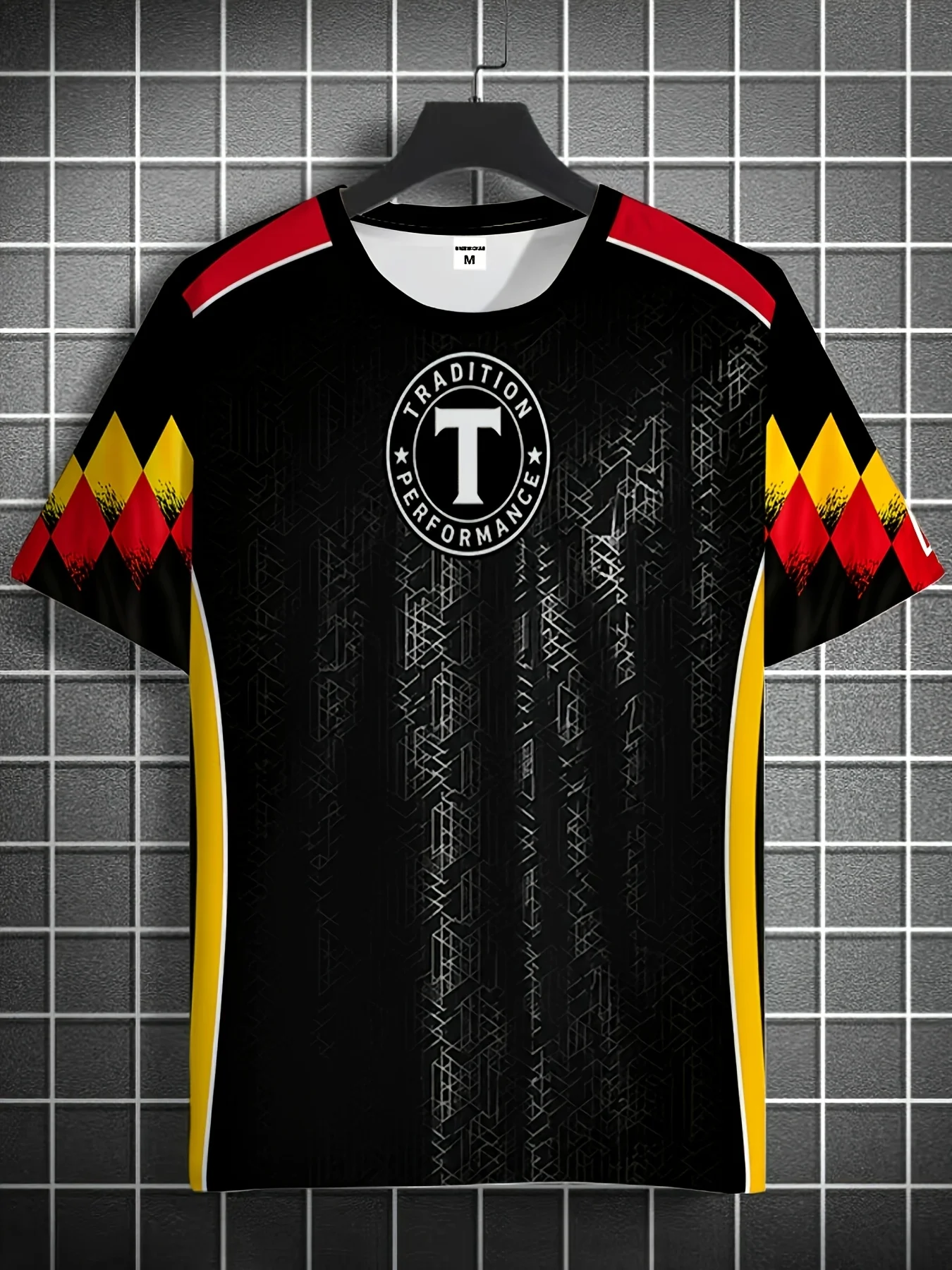 Men Germany Colorway Football T‑Shirt Black Geometric Texture Red Yellow Diamond Print Soccer Fan Short Sleeve Top