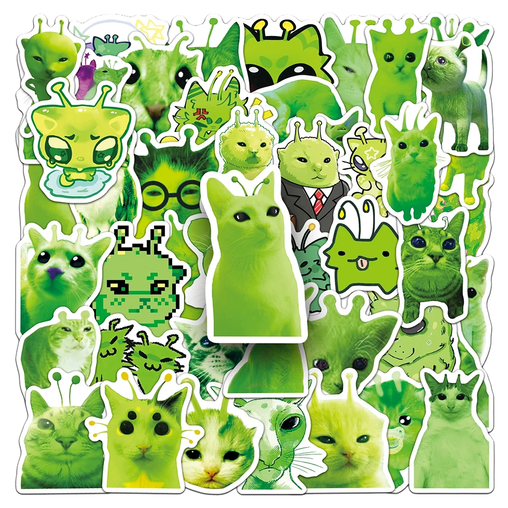 10/30/50pcs Cute Abstract Green Alien Cat Stickers Funny Cartoon Creative Sticker Helmet Phone Luggage Laptop Decals Decoration