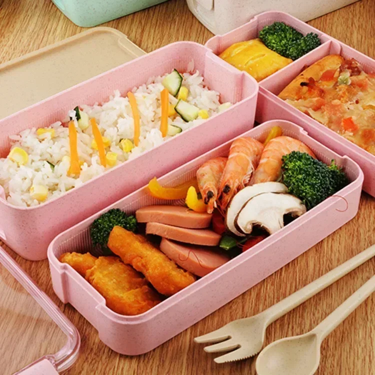Kotak Makan Siang Bahan Sehat 3 Lapis Kotak Bento Jerami Gandum Kotak Makan Siang Wadah Penyimpanan Makanan Makan Malam Microwave 900Ml