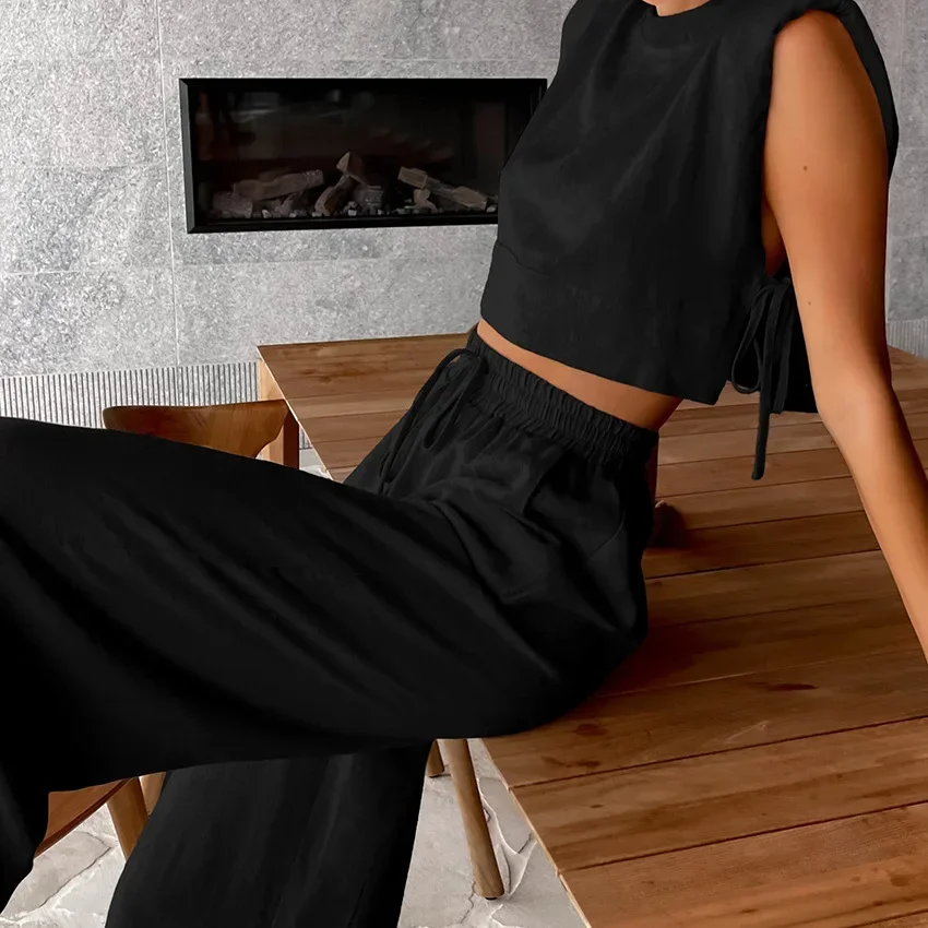 

Solid Linen Lace Up Cut Out Top Pants Sets For Women O-neck Sleeveless Crop Tank Drawstring Trouser Suits Lady Y2k Beach Outfit