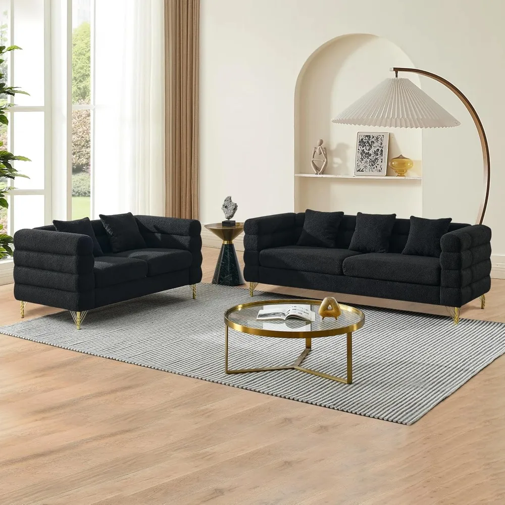 Luxury Teddy Sofa Set for Living Room, Modern Decor Furniture Sectional Sofa, 3 Seater Couch and Loveseat with 5 Pillows