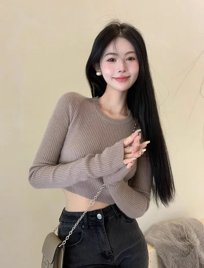 Black Long Sleeve Short Sweater Knitted Sweater Women's Slim Bottom Top