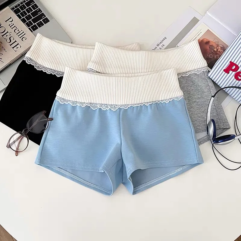 

Korean Style Knitted Spliced Shorts for Women's Summer Lace Slim High Waisted Wide Leg Shorts Fashion Female Clothes