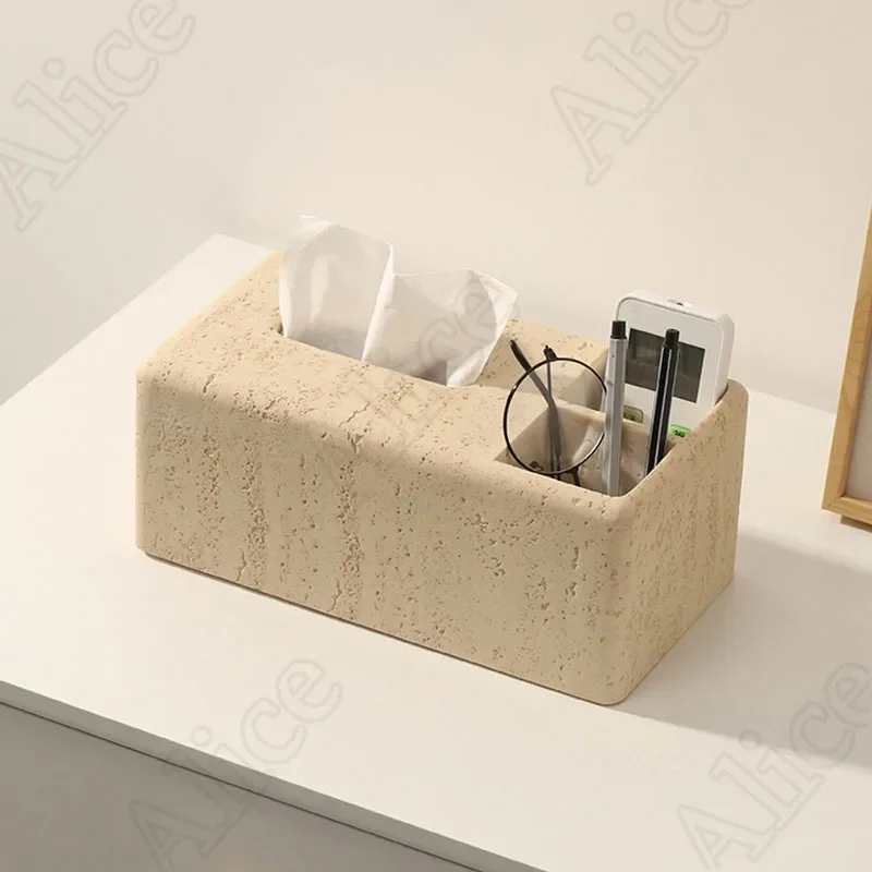 Imitation Marble Texture Resin Tissue Box Living Room Multifunctional Storage Paper Towel Holder Home Decor Manual Polishing