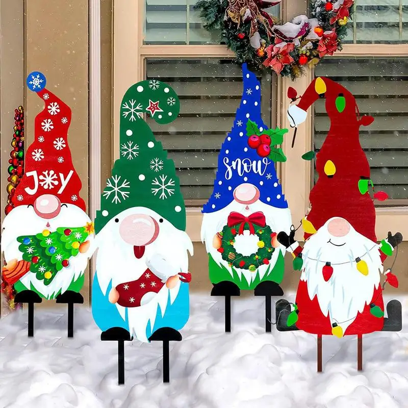 Christmas Gnomes Yard Stakes Christmas Gnome Props Adorable Decorative Durable Water Resistant Weatherproof Metal Gnome Yard