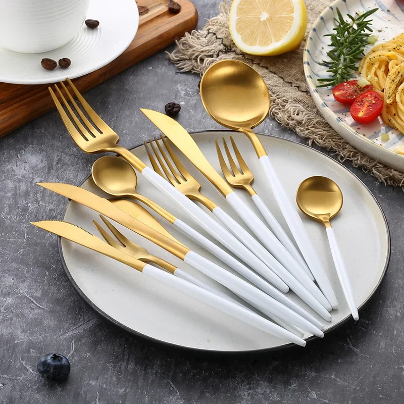 Matte White Gold 18/10 Stainless Steel Cutlery Set Dinner Knife Coffee Spoon Fork Chopsticks Flatware Set Dishwasher Safe