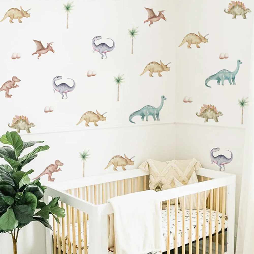 Dinosaur Wall Stickers Watercolor and Paper Line Waterproof Self Adhesive Wall Decals for Kids Boys' Room Home Decor