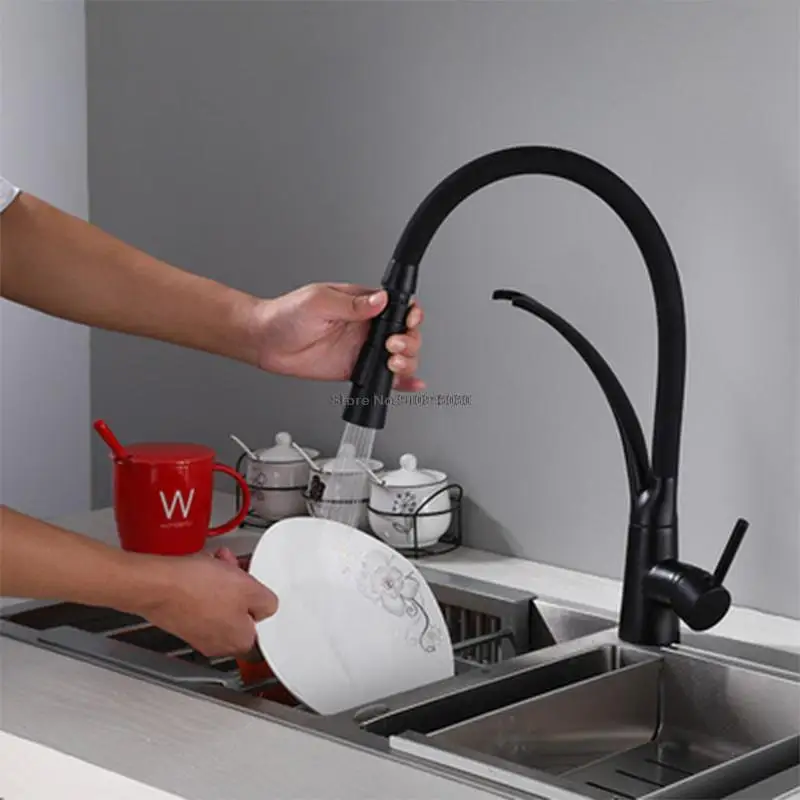 

Black Paint Kitchen Sink Faucet Sprayer Mixing Faucet 360 Degree Swivel Single Handle Faucet Drop-down Countertop Installation