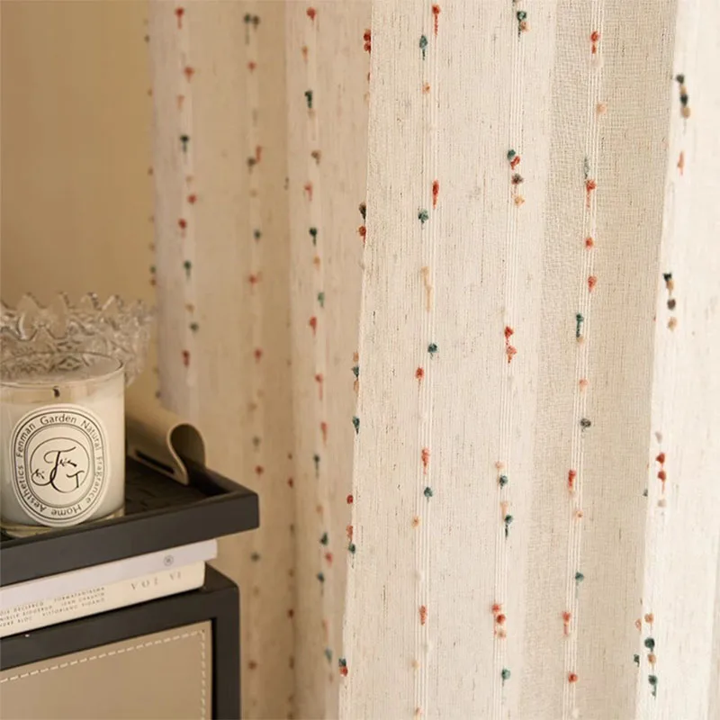Vintage linen transparent curtain with rainbow jelly bean - rod bag design, easy to hang, very suitable for bedroom, living room