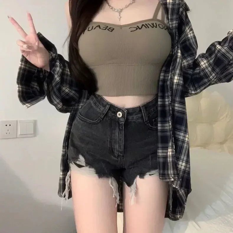 Zerrissene Denim-Shorts zum Waschen für Damen American High Street Schwarz Grau