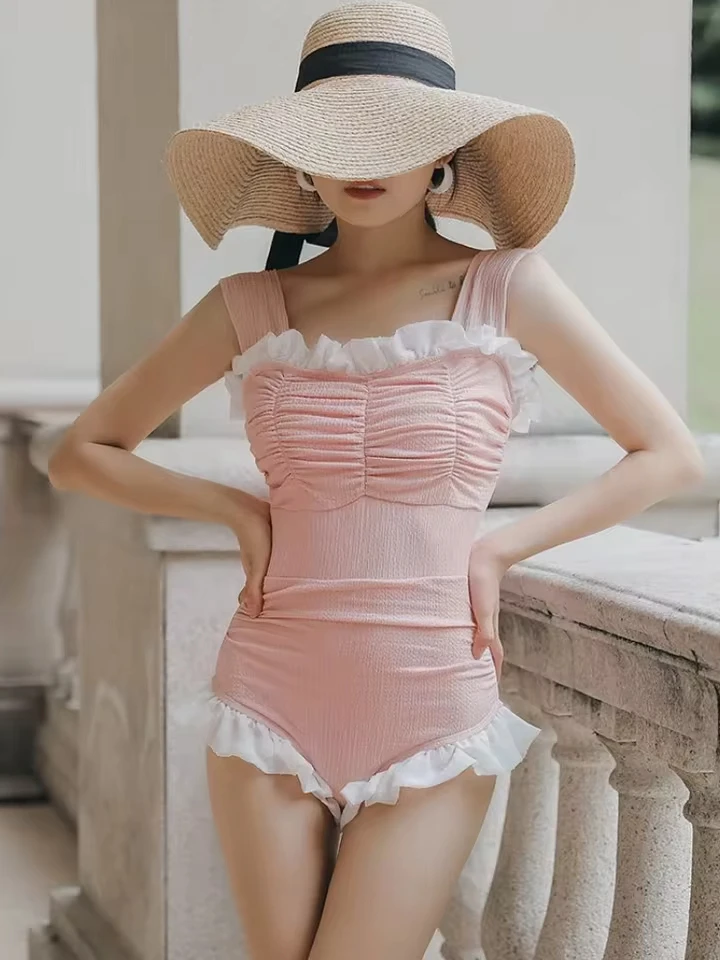 

Korean Sexy Solid Ruffles Hottie One Piece Dress Women High Waist Beach Style Bikini 2026 New Swimwear One Piece Swimsuit