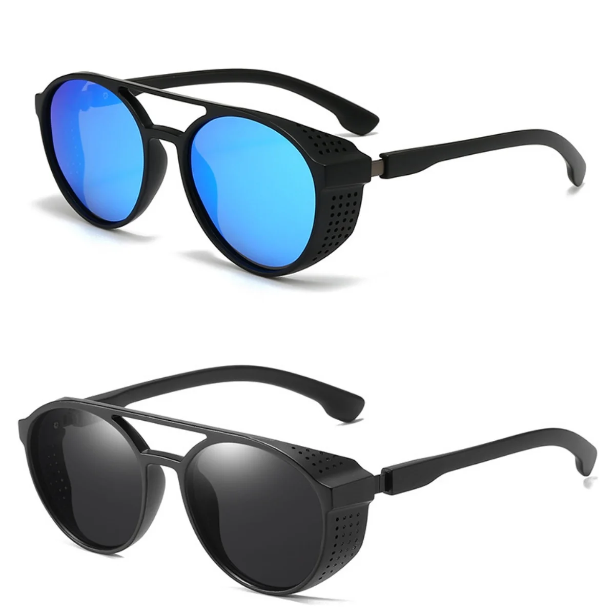 Men Women Polarized Sunglasses Steampunk Sports Sun Glasses Round Frame Eyewear with Side Shield UV400 Protection Driving Shades