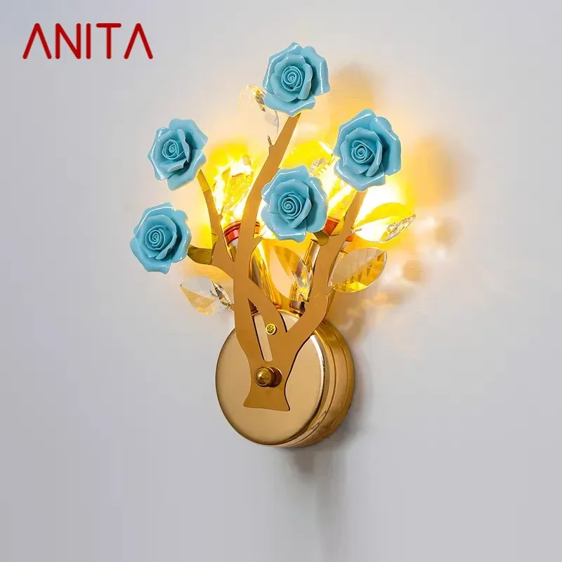 ANITA Contemporary Crystal Wall lamp Creativity Ceramics Rose Blossoms Living Room Bedroom Girl's room Villa LED Bedside Light