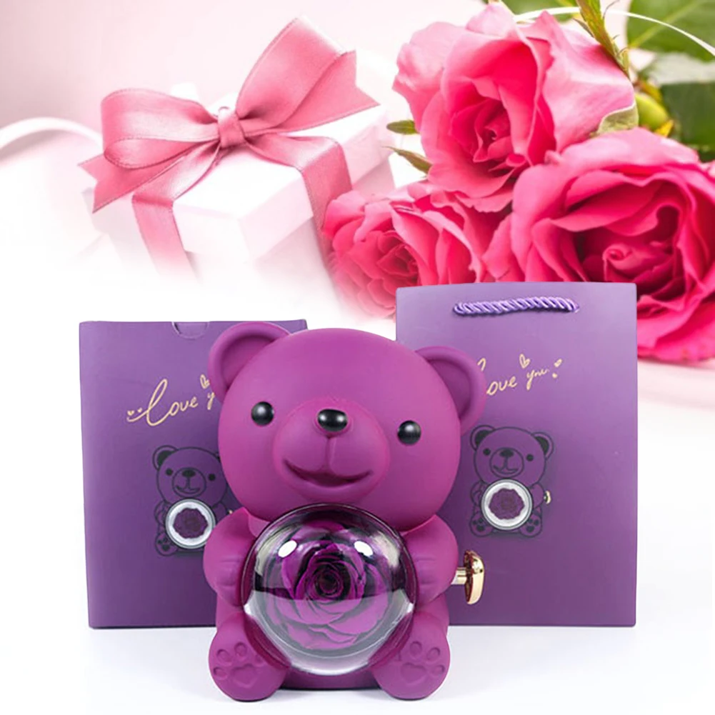Caja de regalo de rosas preservadas, elegante caja de anillos de rosas de oso con bolsa de regalo, joyero giratorio de rosas de oso para el Día de San Valentín