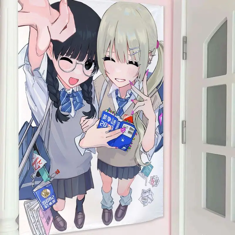 VIKAMA Anime Schoolgirls Snack Tapestry, Cute Uniform Wall Hanging for Bedroom Dorm Living Room Fun Decor