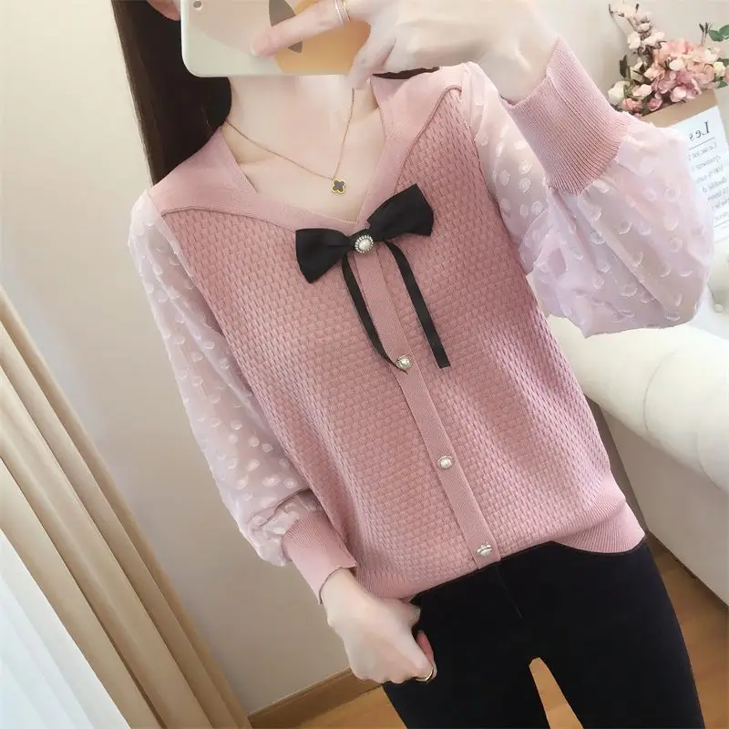 Sweet V-Neck Polka Dot Gauze Spliced Knitted Bow Blouses Women's Clothing 2024 Spring Summer New Loose Casual Tops Korean Shirts