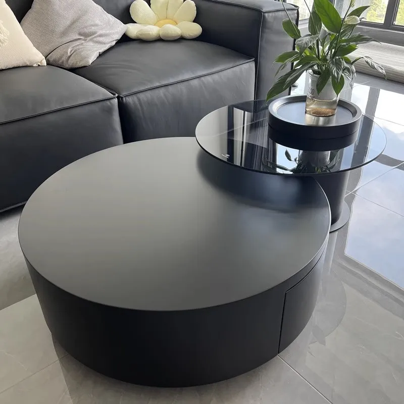 Nordic Living Room Coffee Table Smoky Tea Table Solid Wood Drawer Simple Luxury Household Creative Tempered Glass Round Table