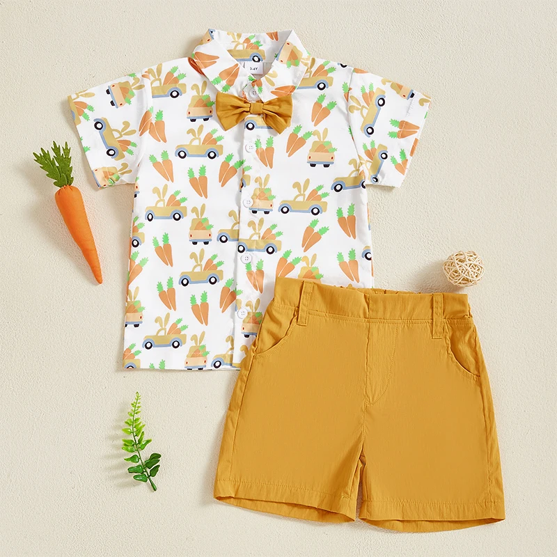 Toddler Boy Easter Outfit Bunny Print Short Sleeve Button-up Shirt Solid Shorts 2 Pcs Set with Bowtie and Carrot Design