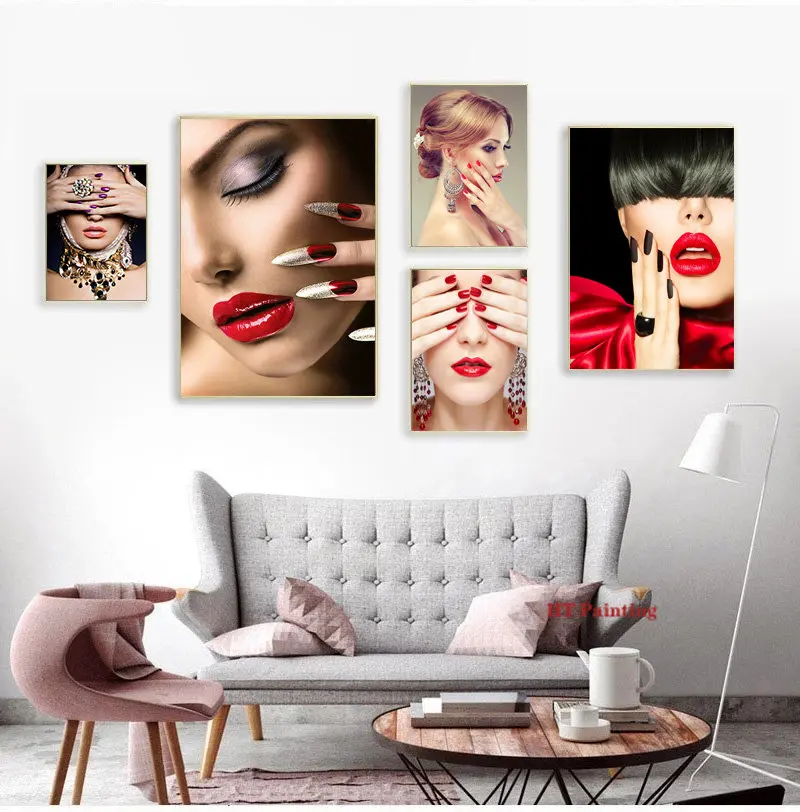 Beauty Salon Poster Fashion Nail Shapes Red Lips Canvas Painting Beautiful Makeup Girl Wall Pictures Home SPA Salon Decor