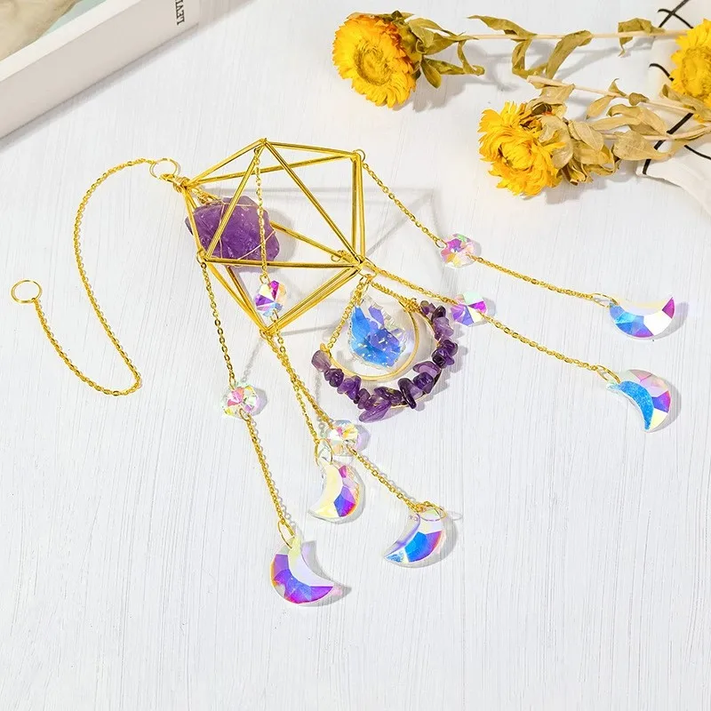 

1pc Amethyst Crystal Suncatcher, Hanging Golden Plated Garden Sun Catcher For Windows, Healing Amethyst Crystal Decor For Home