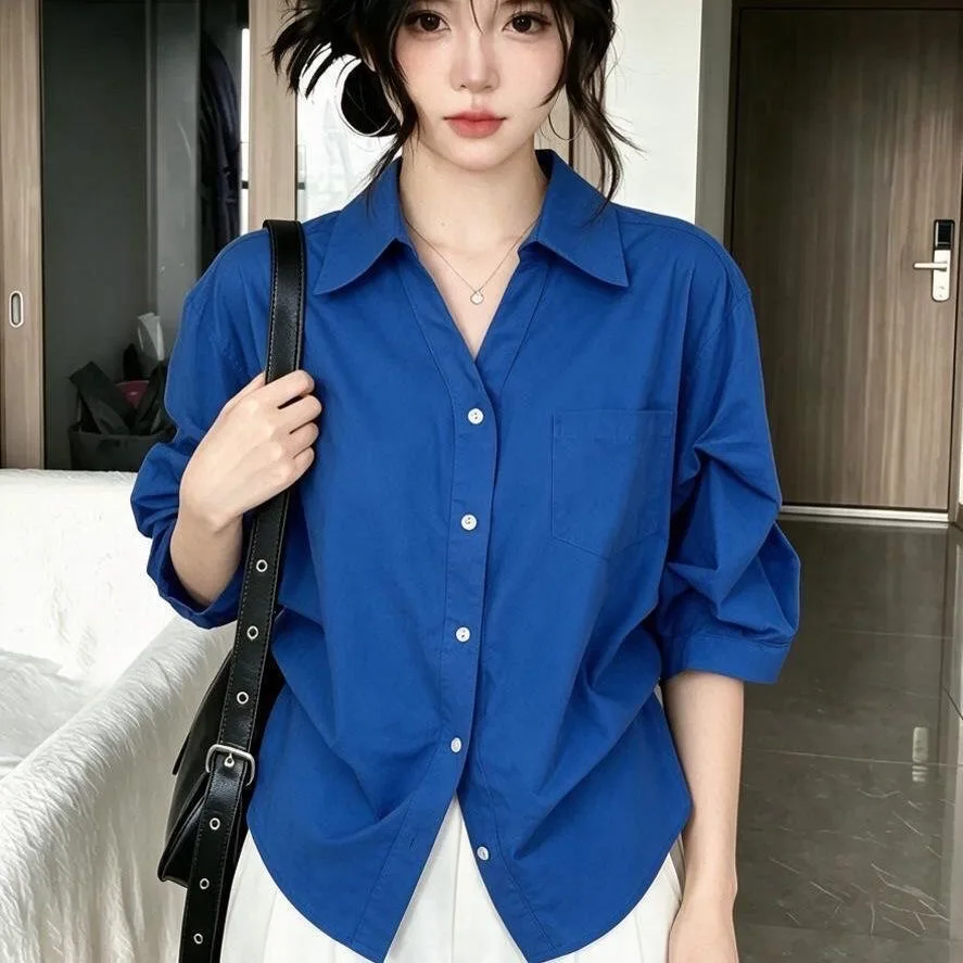 Elegant White  Collar Shirt Women's Spring Summer Loose Gathered Waist Design Loose Sleeve Long Shirt Female Top