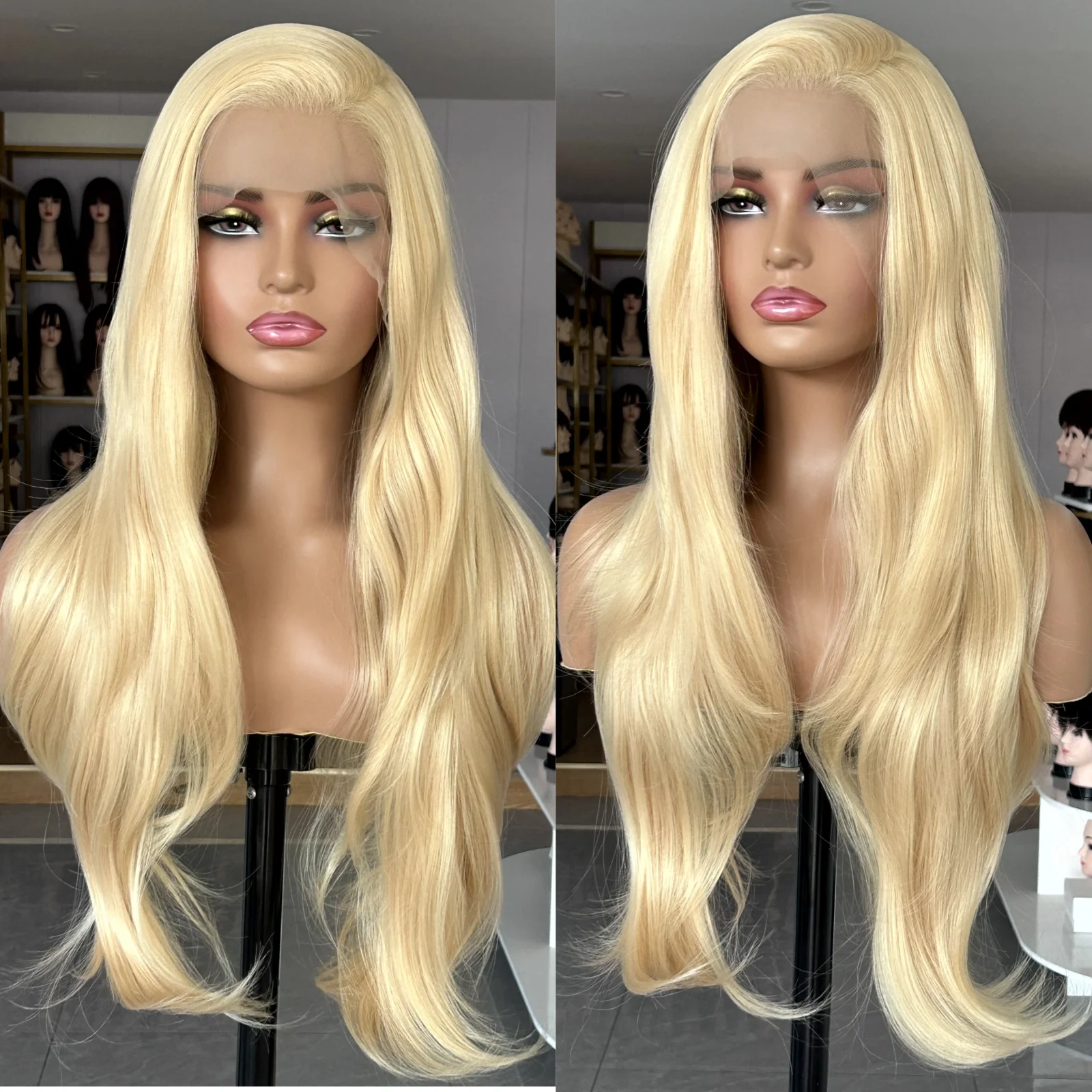 Peluca rubia larga ondulada Natural para mujer, pelo sintético con malla Frontal en capas, color platino, 13x4, rubio miel