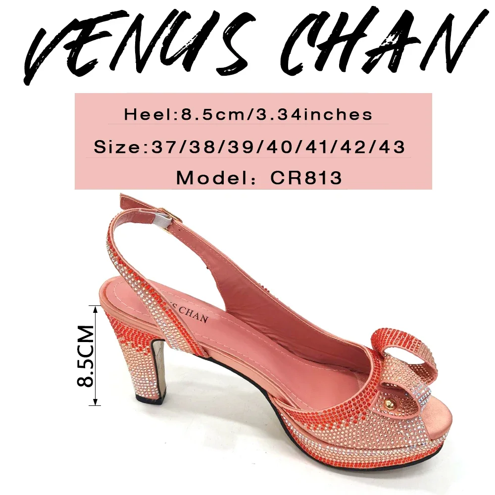 Venus Chan, el más nuevo estilo INS, Color melocotón, diamantes de imitación, tacones altos elegantes, diseño Popular nigeriano, conjunto de zapatos