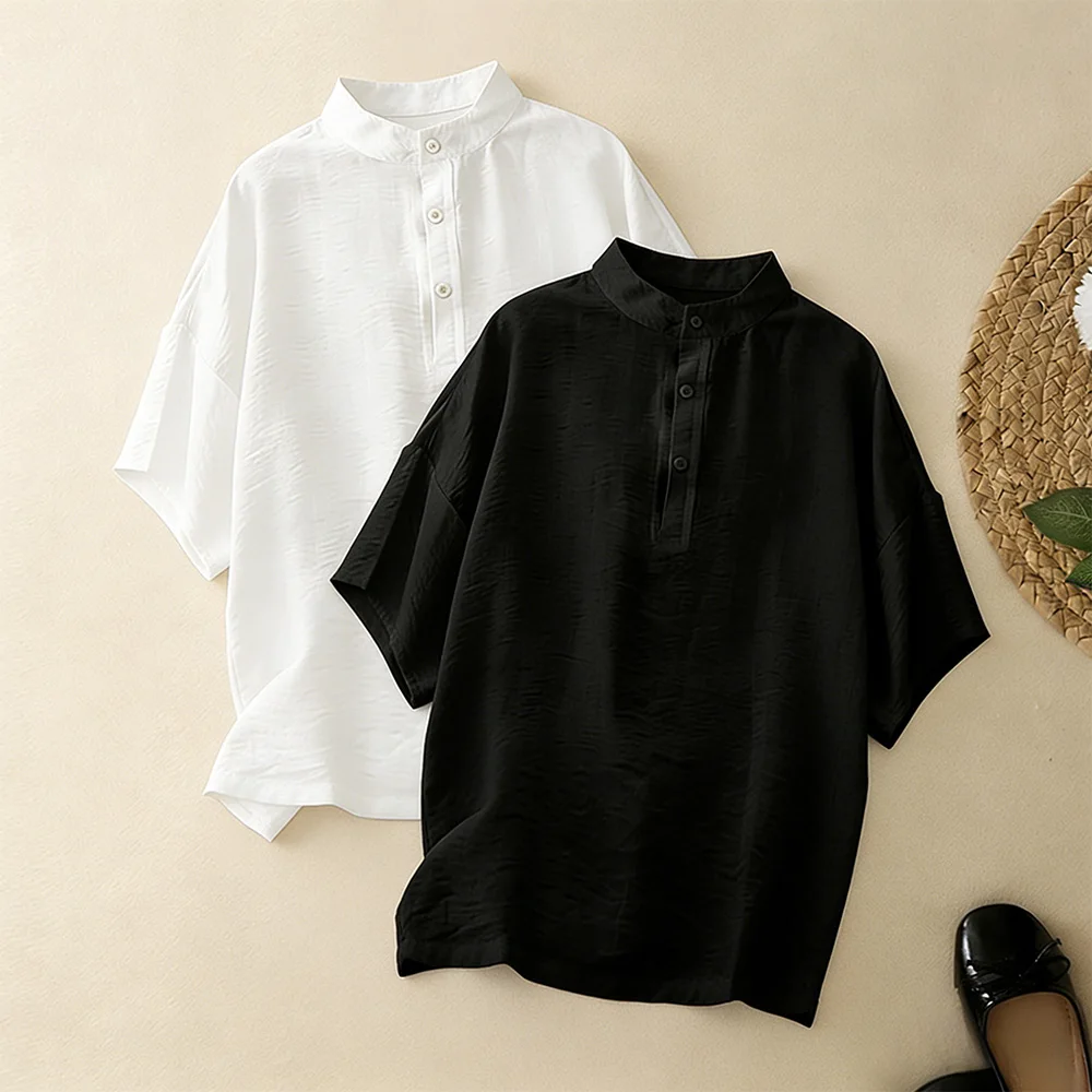

Women's plus Size Cotton Linen T-shirt Stand Collar Five-Quarter Short Sleeve Base Shirt Silk for Commute Wear