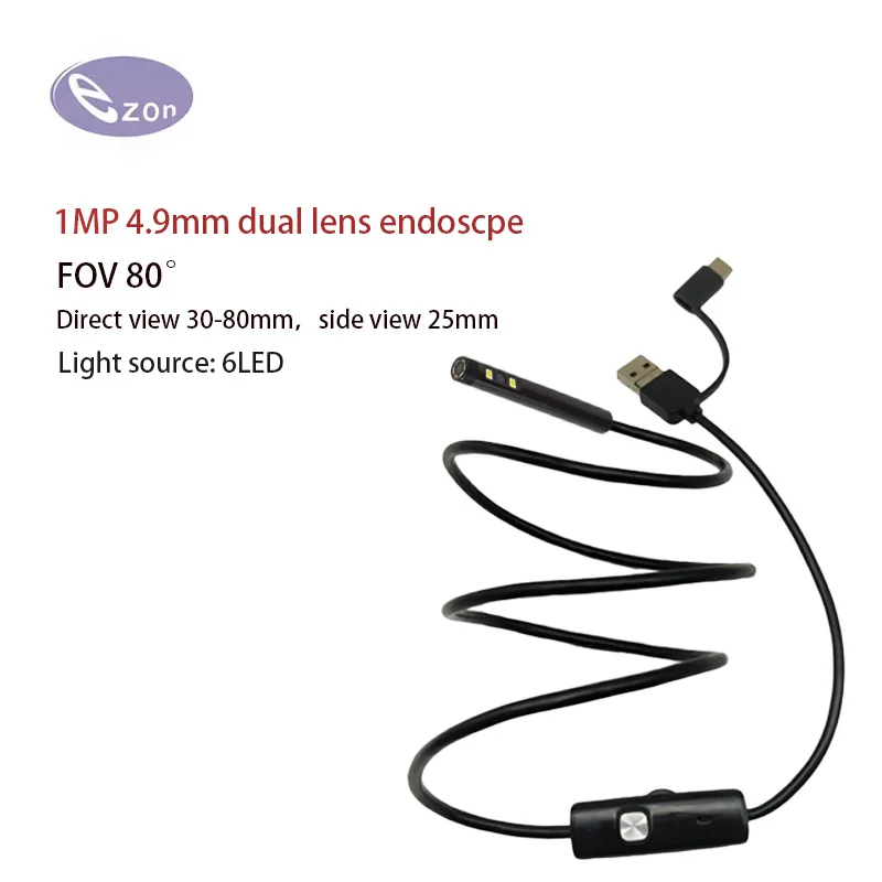 

1 МП 4,9 мм FOV 80 ° Механический эндоскоп для обслуживания HD с двумя объективами для проверки трубопроводов, 1 м, USB, жесткий шнур 3-в-1, автомобильный эндоскоп