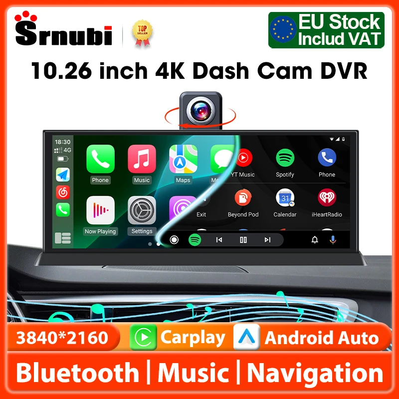 Srnubi 10,26 Zoll 4K drehbarer Dashcam-Auto-DVR, universelles tragbares Carplay für Auto-Bildschirm, kabelloses Carplay Android Auto Bluetooth-Radio