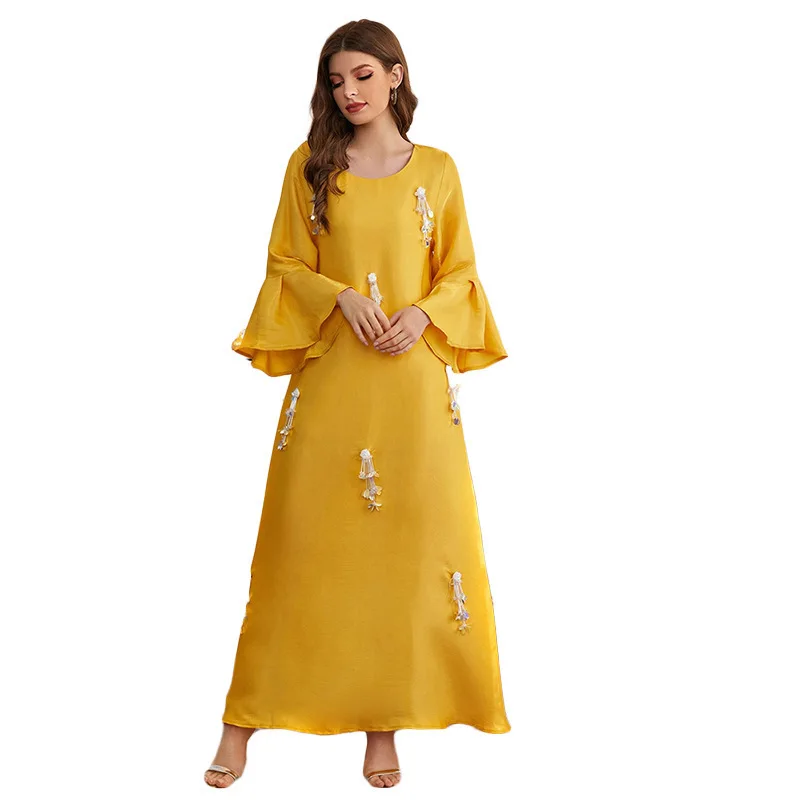 BM-0048 (Yellow) Muslim Dress Arab Dubai Satin Lotus Sleeve Nail Bead Dress