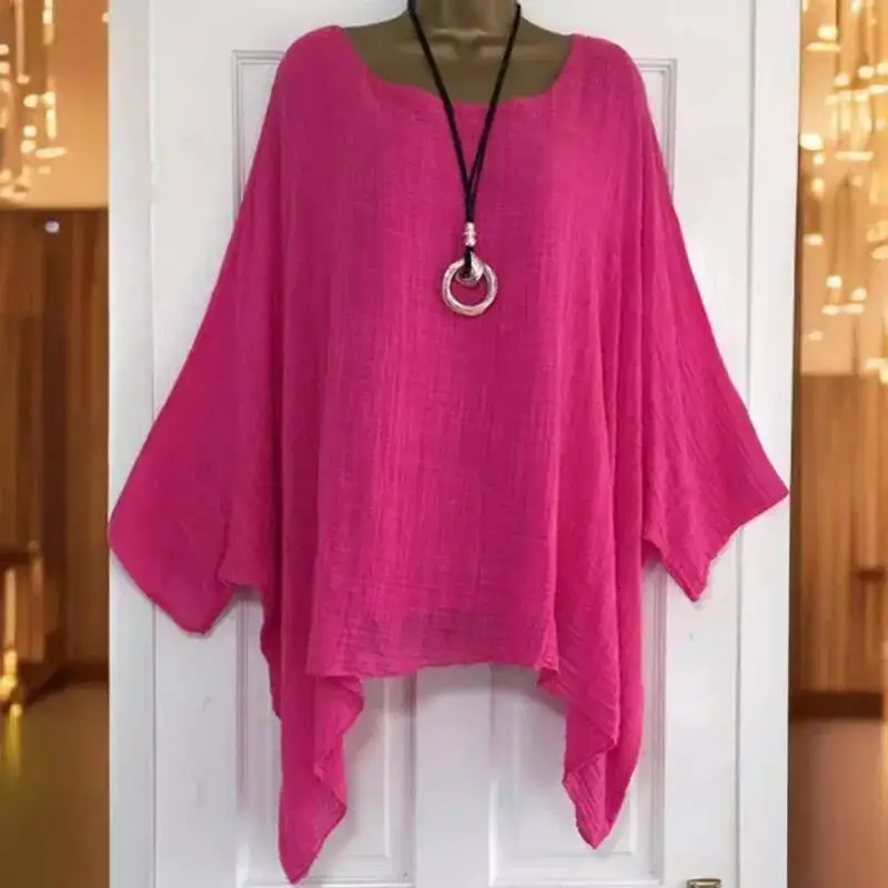 2024 النساء تي شيرت حجم كبير 5XL تي شيرت الكتان س الرقبة قميص فضفاض غير رسمي الصيف الخريف جديد الصلبة Batwing كم طويل