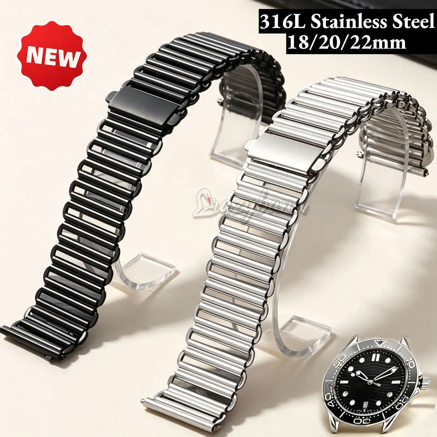 316L Stainless Steel WatchStrap 18 20mm22mm Silver Black Universal Metal Band for Tissot for Omega for Seiko for Citizen for IWC