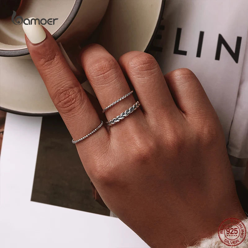Bamoer 925 Sterling Silver prosty pleciony pierścionek dla kobiet klasyczny elegancki pierścionek do układania w stosy biżuteria ślubna akcesoria nie 925 Logo — zdjęcie 3