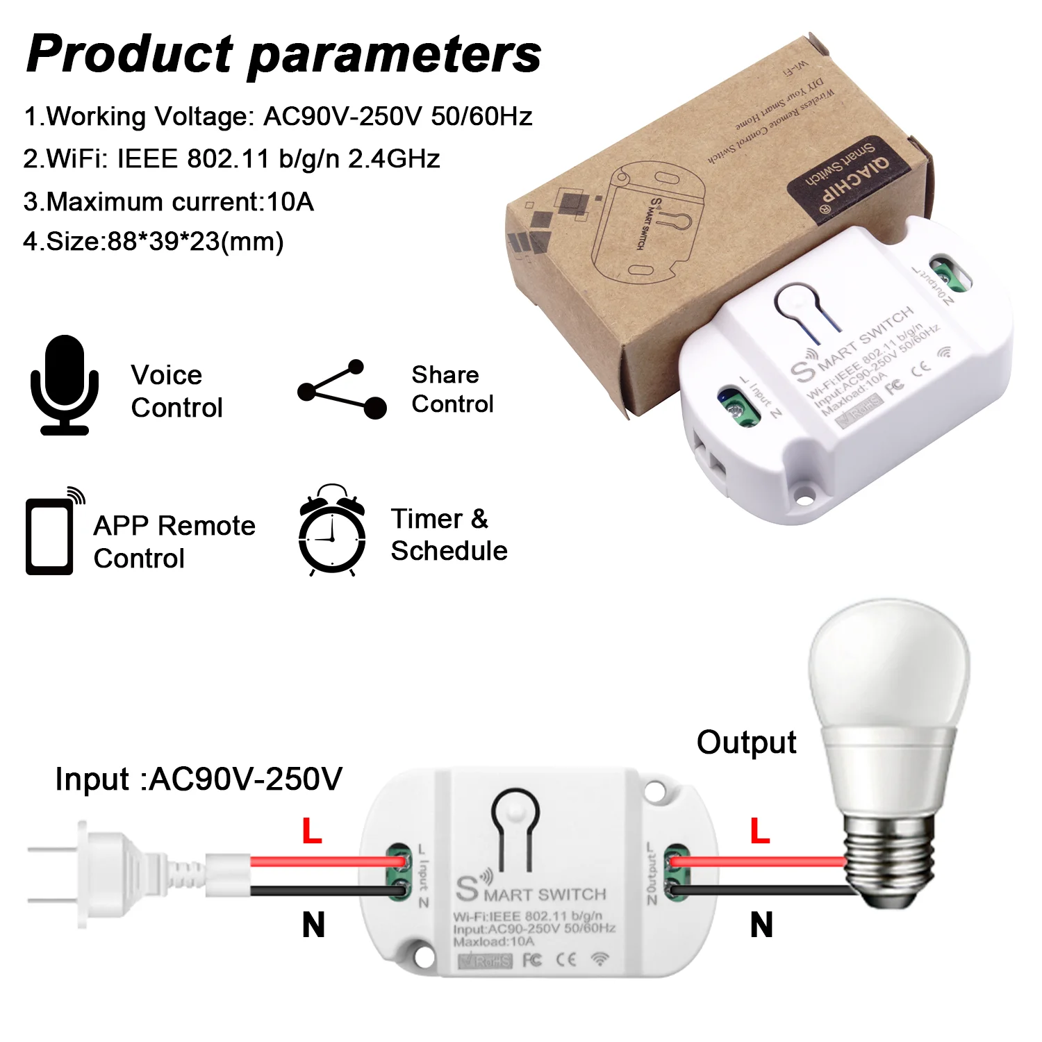 Tuya Smart WiFi Switch 10A Wireless Light Switches AC 110V 220V Timer Voice Control Module For Alexa Google Home Smart Life