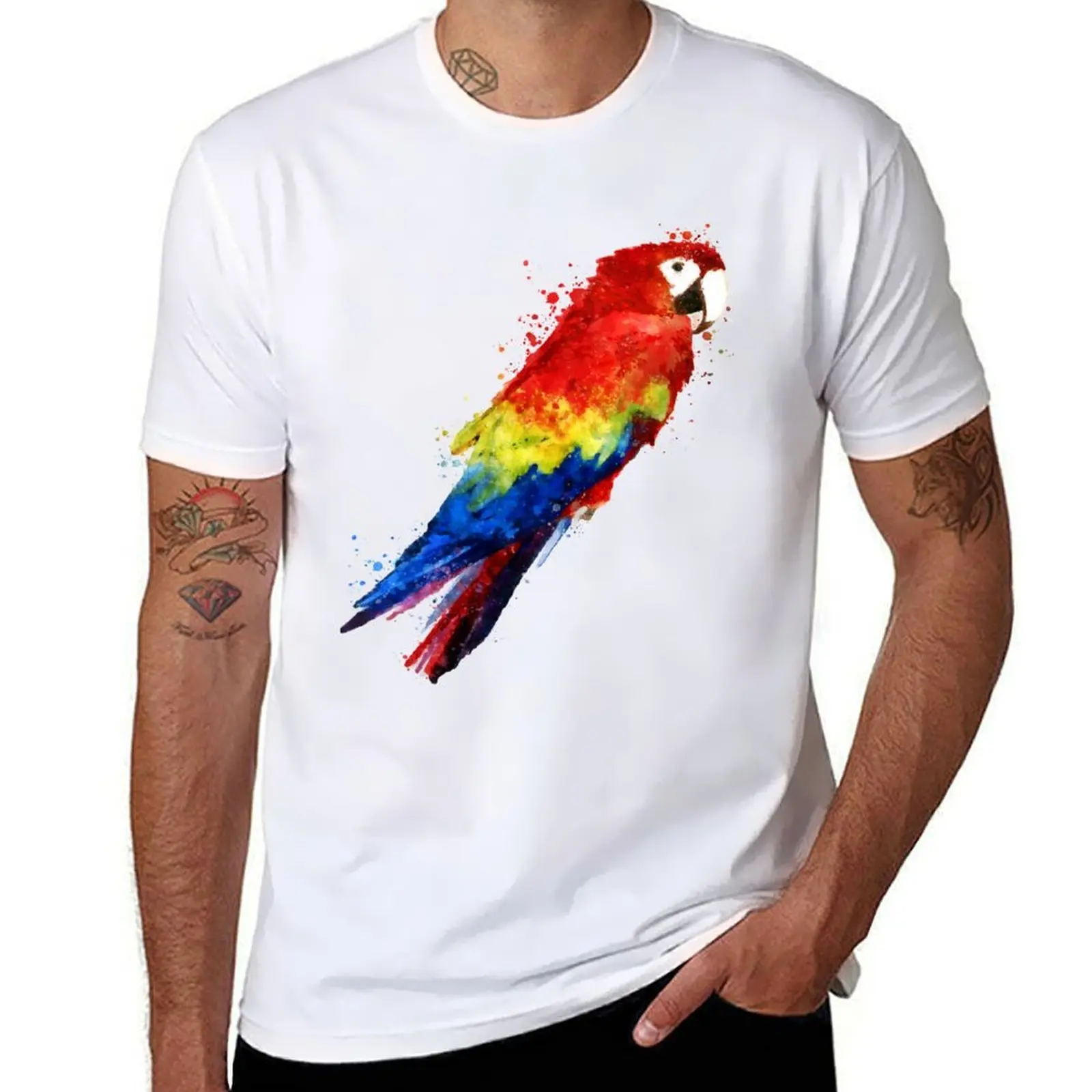 

Dramabite Watercolour scarlet macaw parrot T-Shirt men t shirt cotton 100% essential t shirt T-Shirt