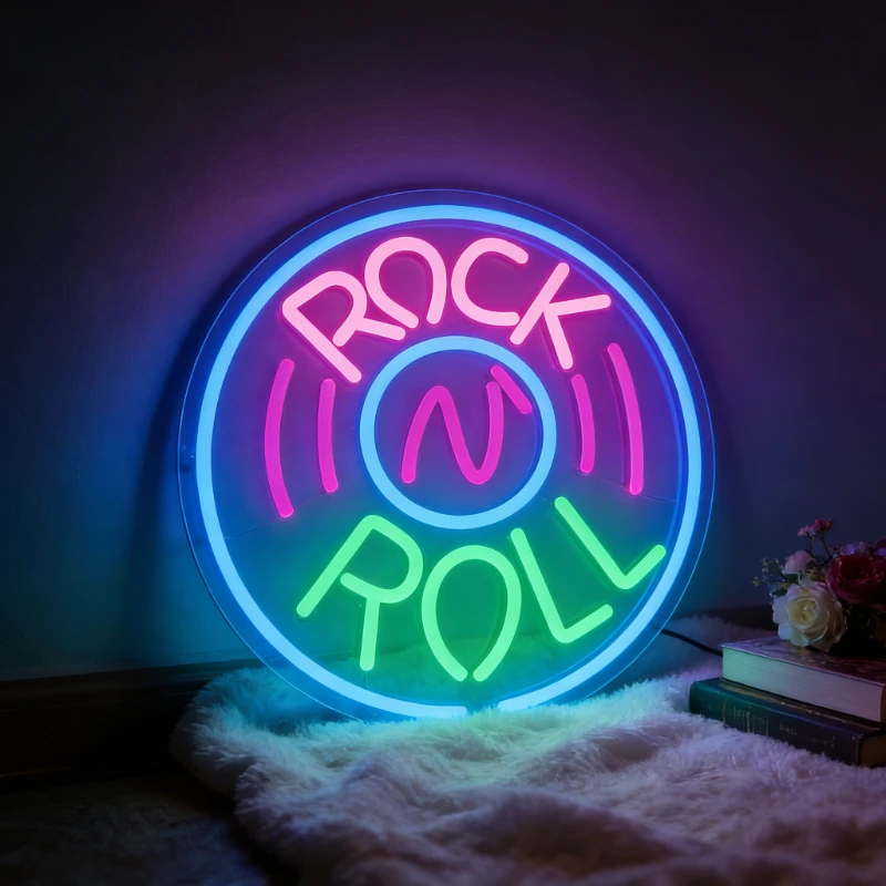 

Rock N Roll Neon Sign LED Night Light USB Rechargeable Music Vinyl Record Decor Lamp for Bedroom Studio Bar Party Gift