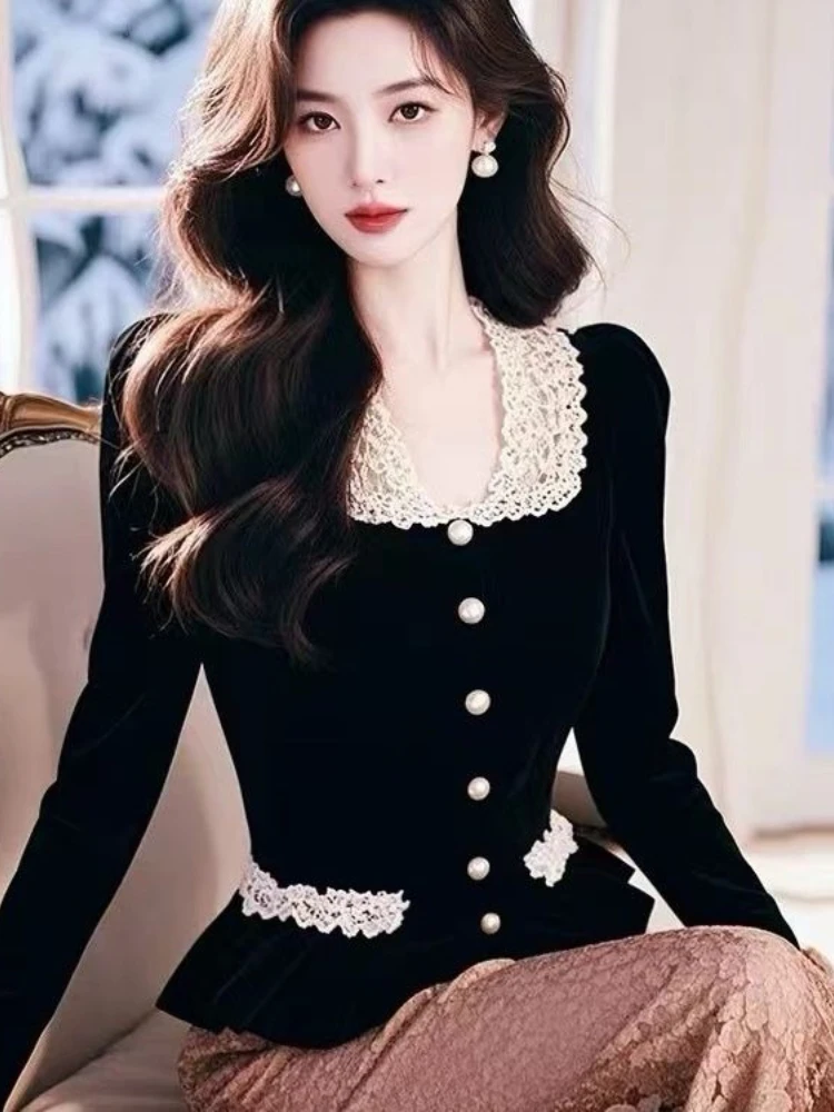 

French Design Blouses Square Collar Long Sleeve Lace Patchwork Shirts Spring Autumn New Elegant Tops Female Slim Women Clothing