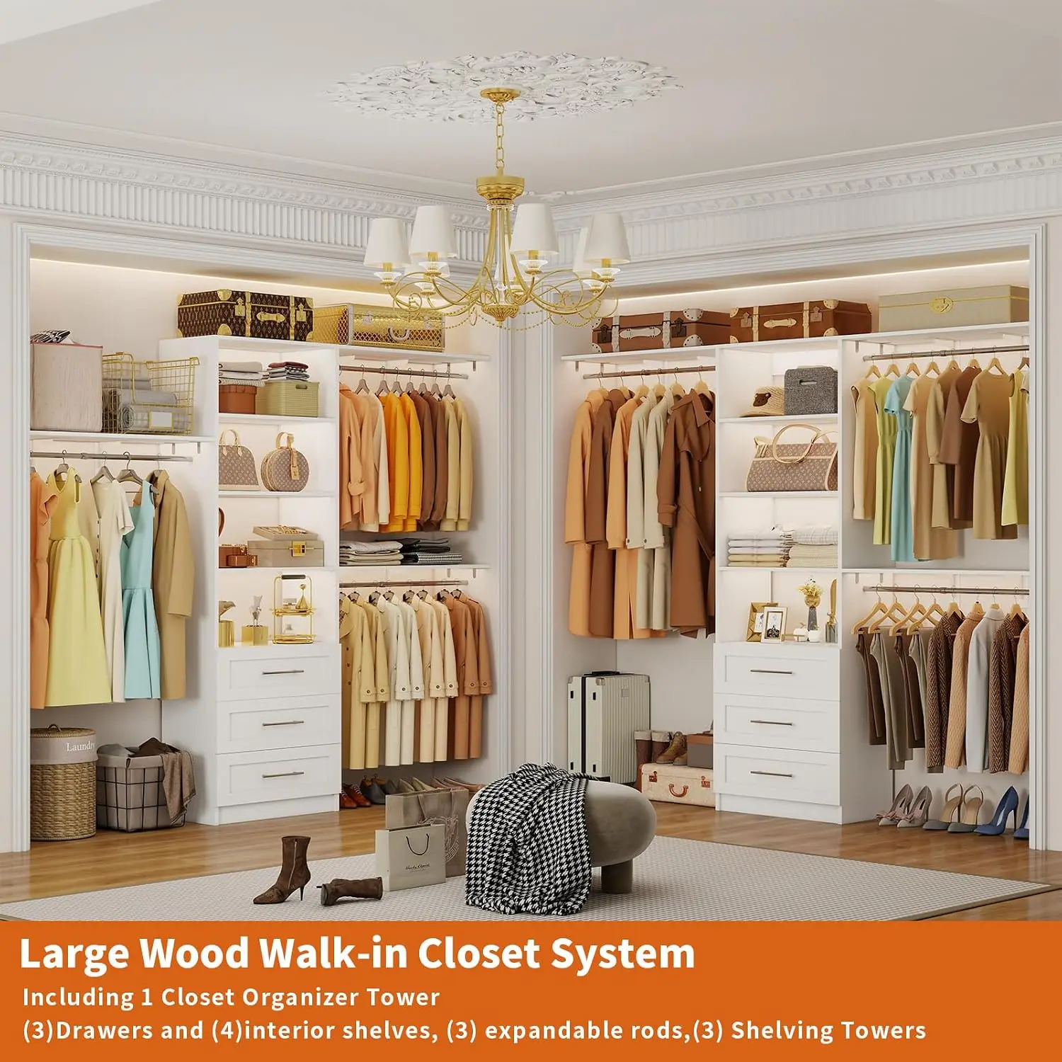 White Closet System with Cuttable Shelves & 3 Rods, 5-7.61FT Adjustable Organizer, 96