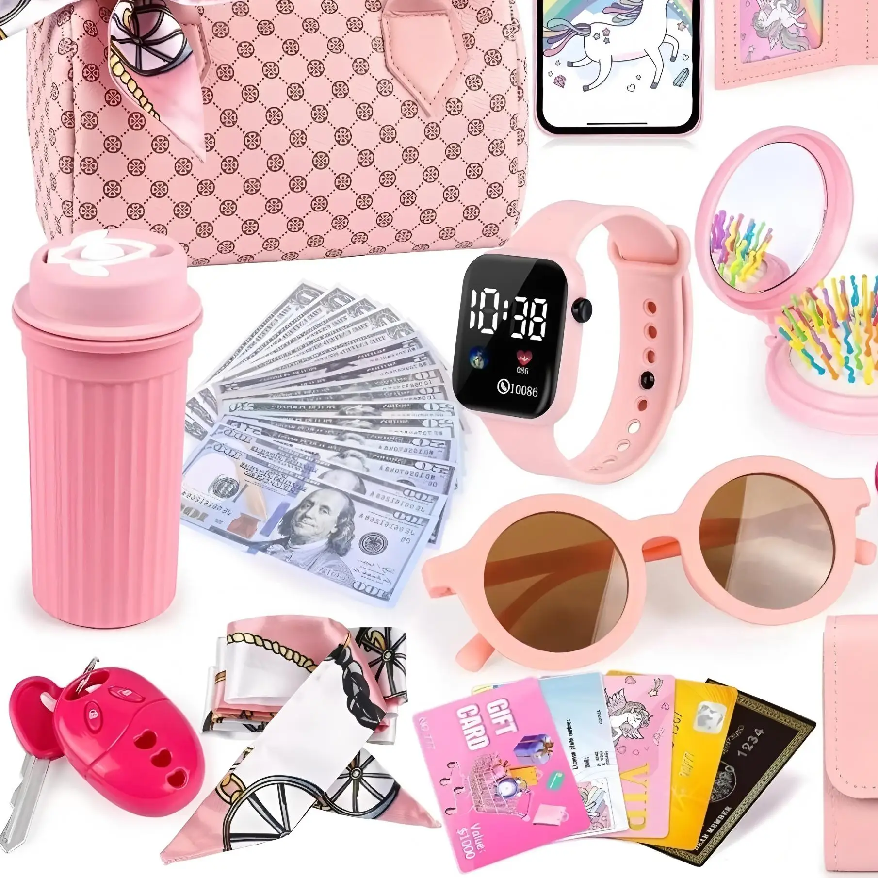 Realistic Pretend Play Handbag for Girls - Kids Dress Up Toy Purse Set with Watch, Phone, Comb & Accessories | Safe Toddler Gift