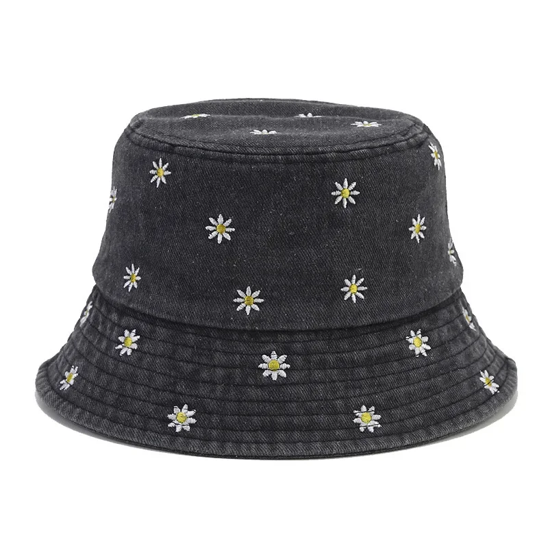 2024 Four Seasons Denim Flower Embroidery Bucket Hat Fisherman Hat Outdoor Travel Sun Cap for Men and Women